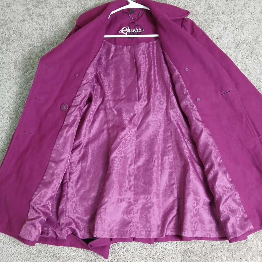 GUESS Womens Magenta Purple Double Breasted Pea Coat Leopard Print Lining - Picture 4 of 16